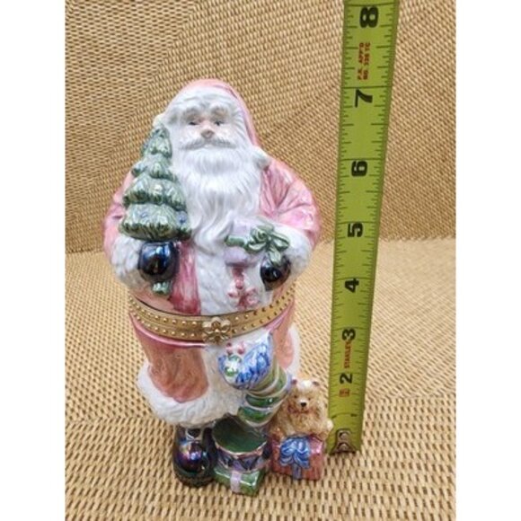 Christmas Decor Trinket Box Santa Claus with Gifts Hinged Porcelain Pink Gold 7" - Picture 9 of 9